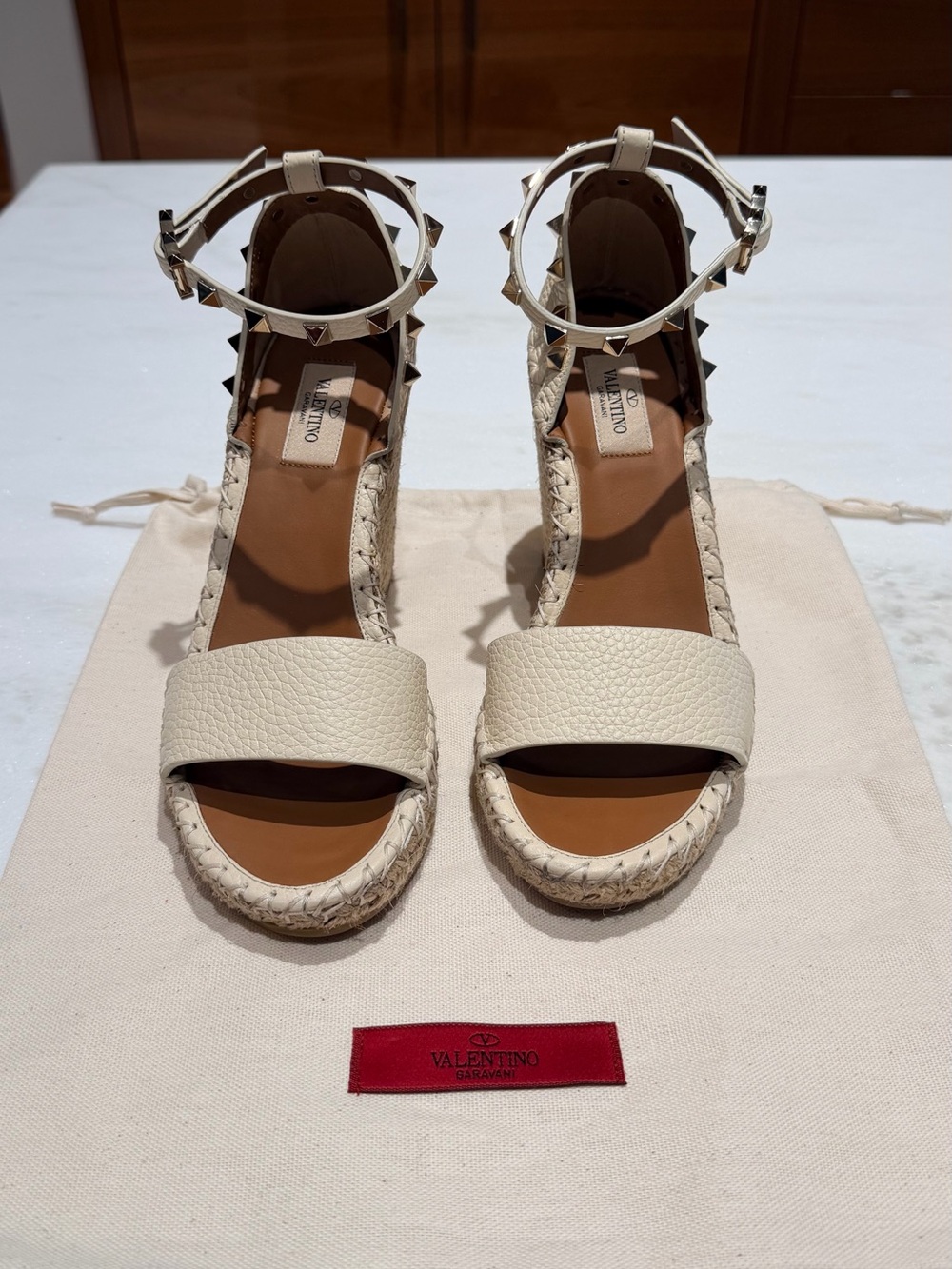 Valentino Cream Leather Rockstud Espadrille Wedge Sandals Size EU38